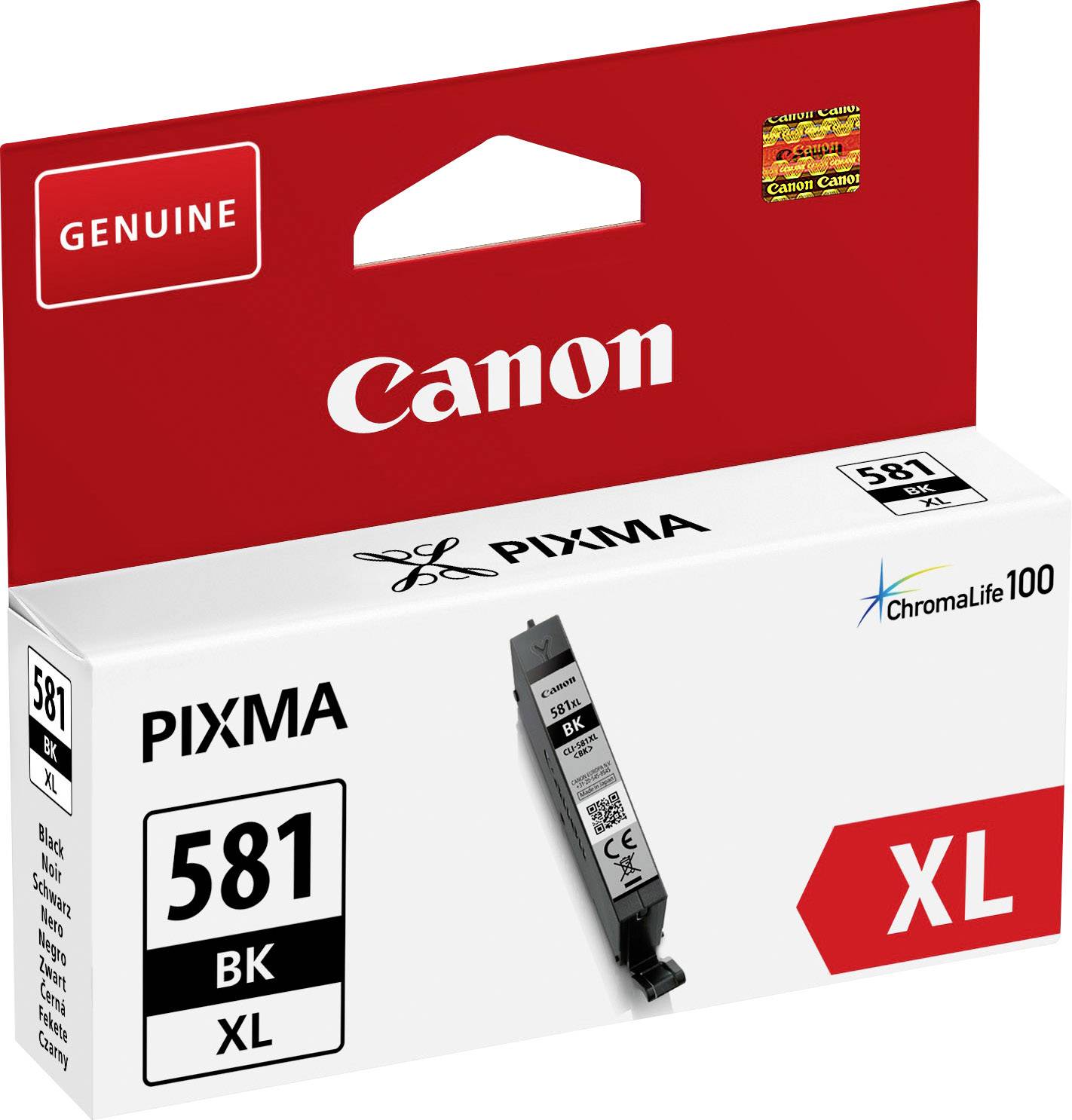 Cartouche d'encre Canon PIXMA 581 BK XL, noir, pour ChromaLife100, sur emballage rouge avec les mentions en évidence 'Genuine' et 'XL'.