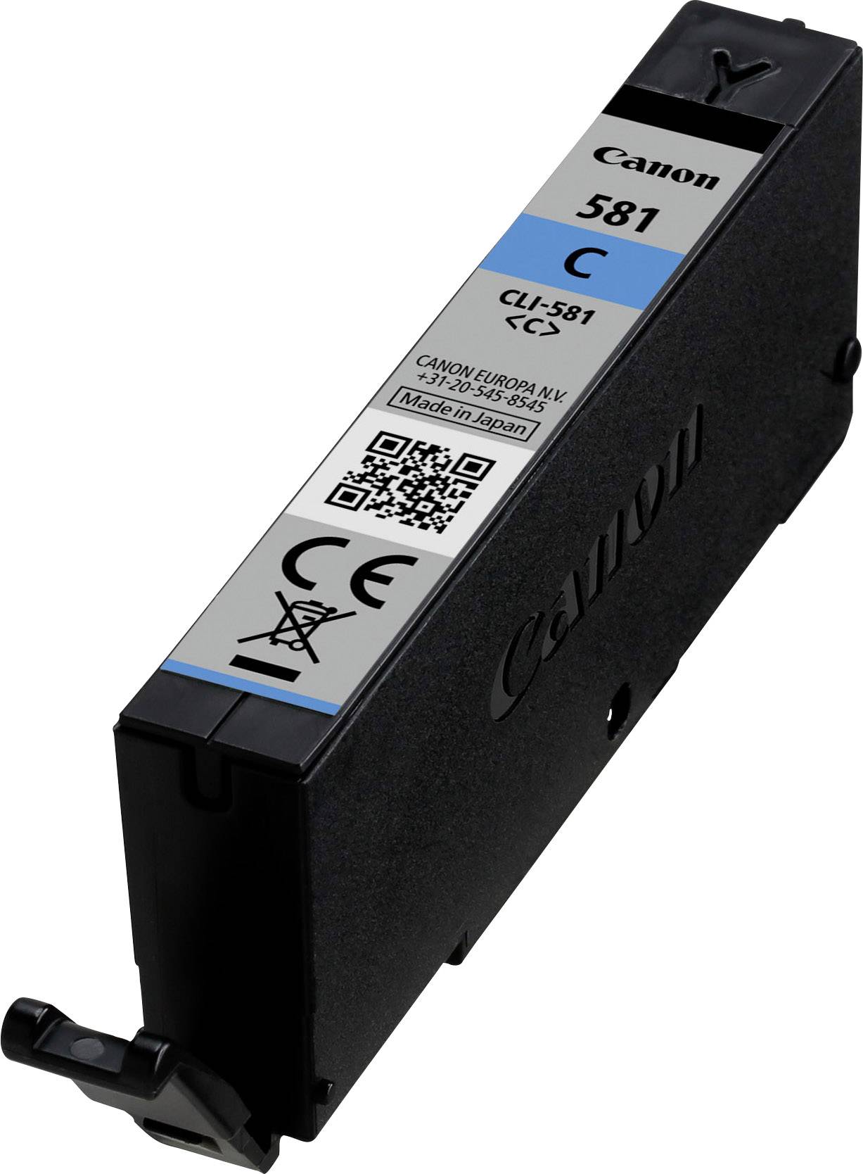 Cartouche d'encre Canon 581 C en noir et bleu avec code QR et symbole de recyclage.