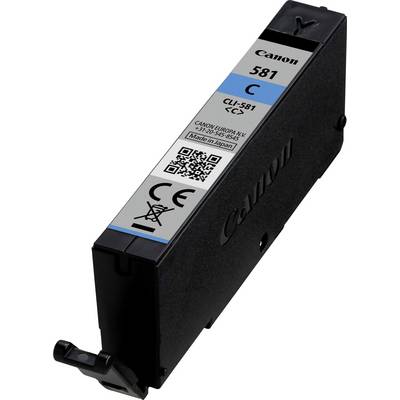 Cartouche d'encre Canon 581 C en noir et bleu avec code QR et symbole de recyclage.