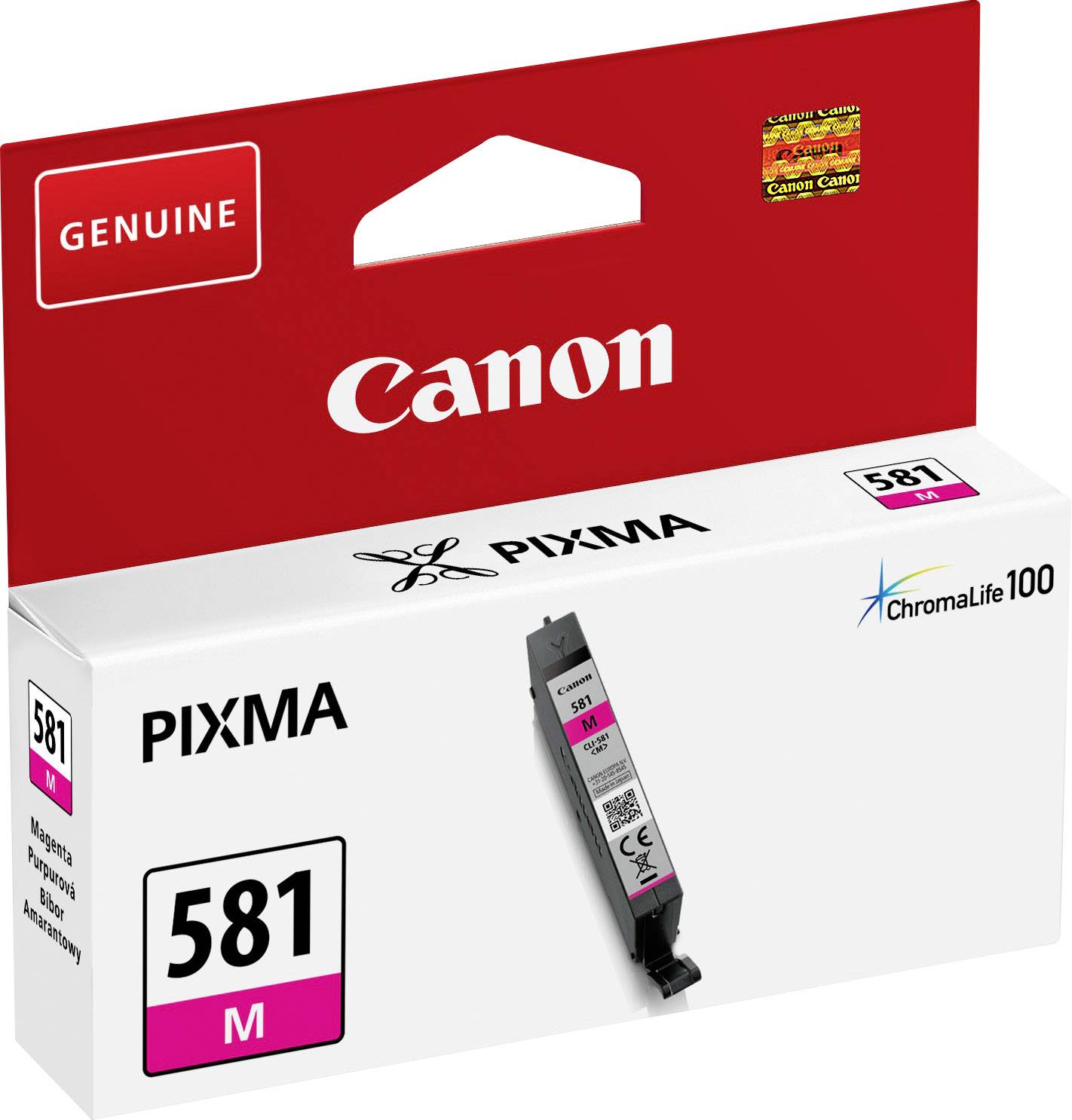 Cartouche d'encre Canon PIXMA 581 Magenta en emballage d'origine. Compatible avec ChromaLife 100.
