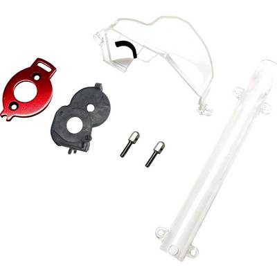 Différentes parties d'une trottinette électrique : capot transparent, élément de montage rouge, composant noir, deux vis, tube blanc.