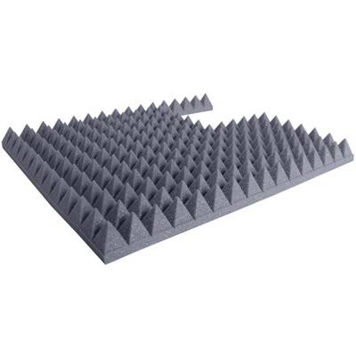 Plaque de mousse acoustique noire en forme de pyramide avec des pointes uniformément réparties, utilisée pour l'isolation sonore dans les studios.