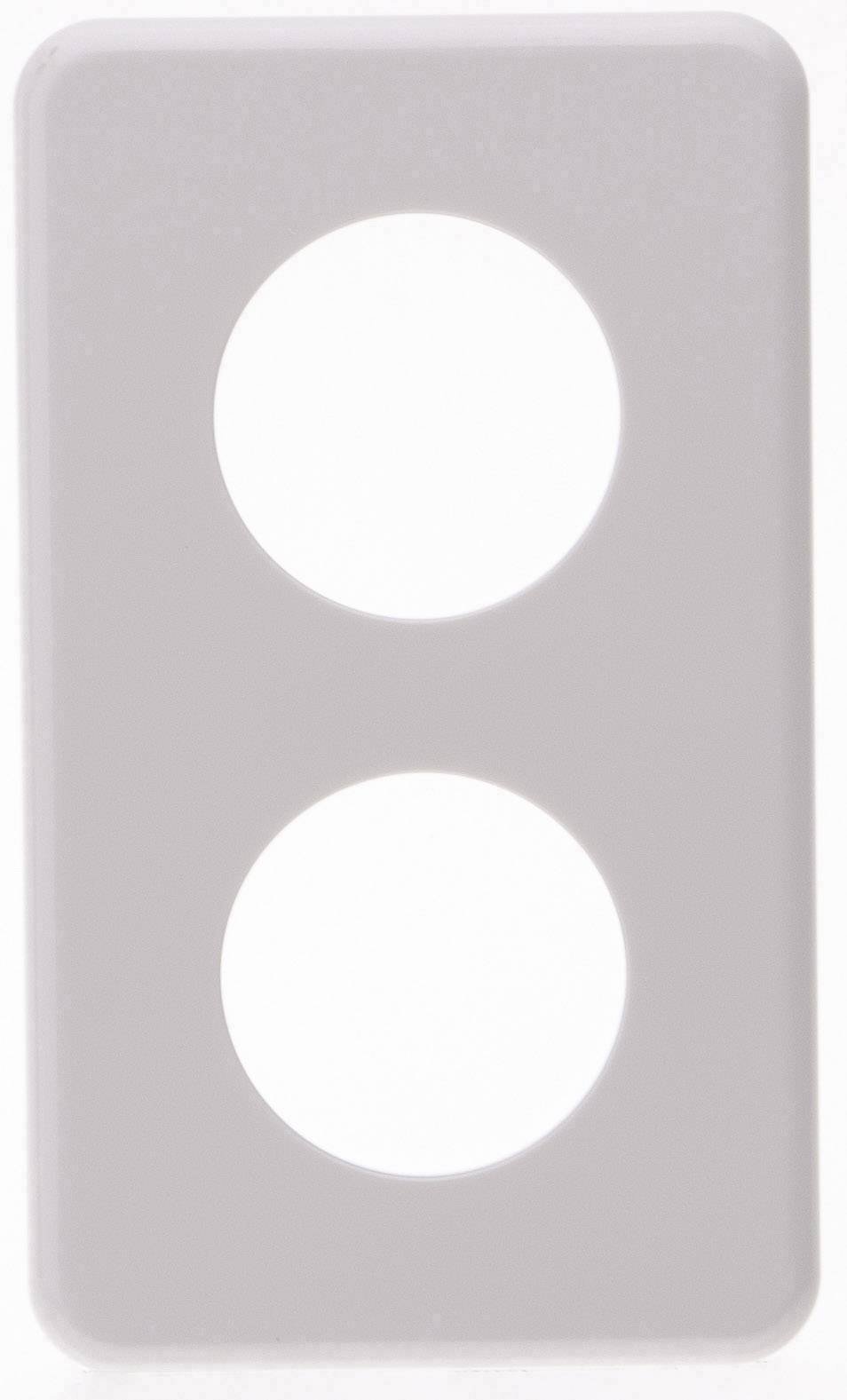 Plaque de couverture blanche vide avec deux ouvertures rondes, adaptée pour les prises de courant ou les interrupteurs.