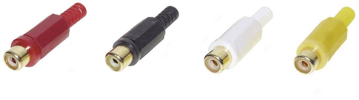Quatre fiches RCA disposées côte à côte en rouge, noir, blanc et jaune. Elles sont fréquemment utilisées pour les signaux audio et vidéo.