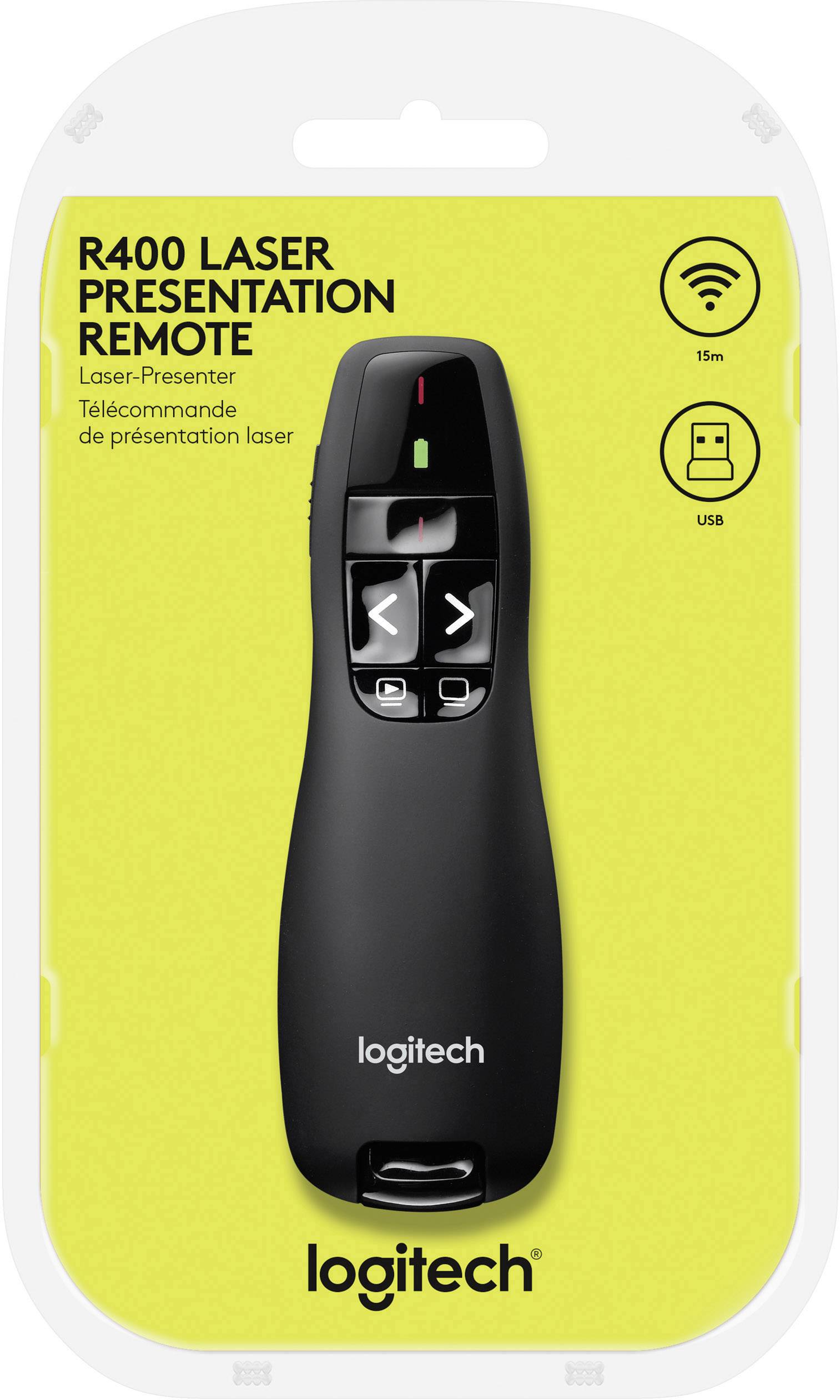 Une télécommande de présentation laser Logitech R400 sur un fond jaune dans son emballage. Adaptée pour une portée de 15 m via USB.