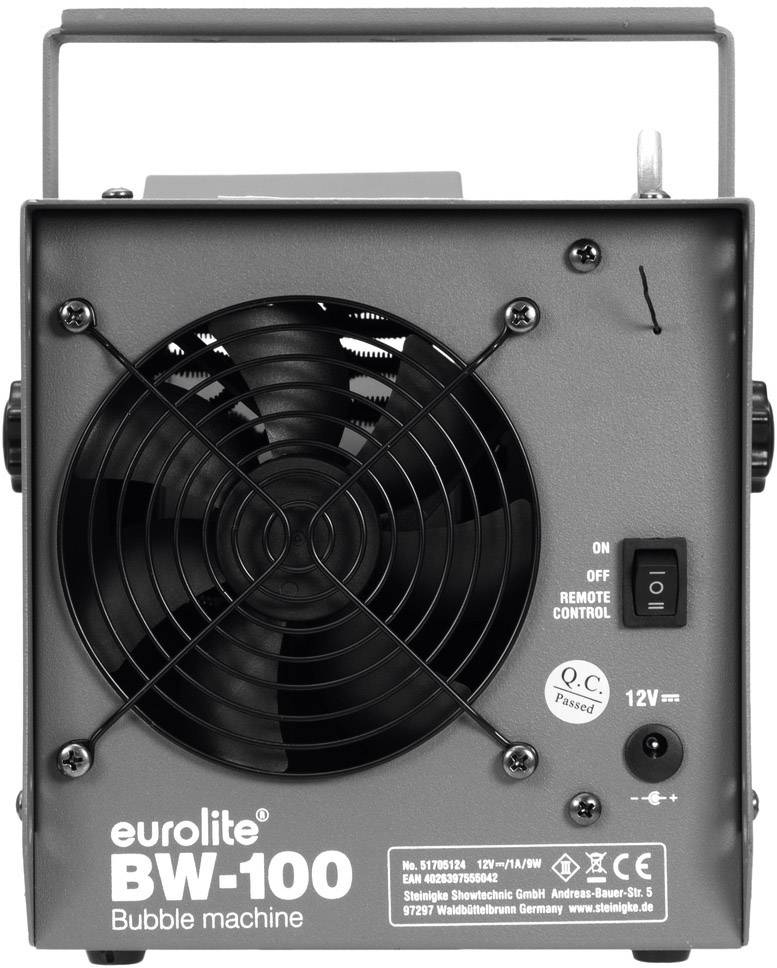 Une machine à bulles Eurolite BW-100 avec un grand ventilateur et plusieurs interrupteurs à l'arrière.