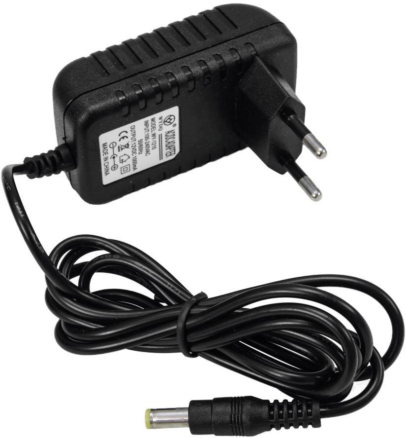 Adaptateur secteur noir avec prise européenne et câble de connexion. L'étiquette contient les spécifications techniques. Adapté pour charger des appareils électroniques.