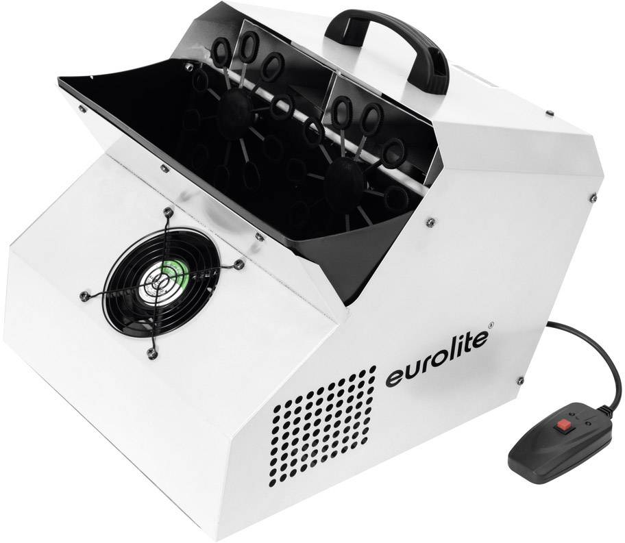 Machine à bulles 'Eurolite' en blanc avec ventilateur et boîtier noir. Câble électrique et interrupteur visibles sur le côté.