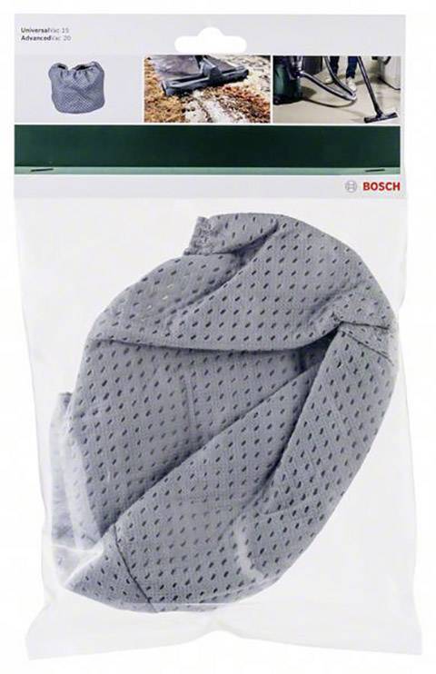 Sacs d'aspirateur Bosch en emballage, universellement utilisables, illustrés en haut à gauche dans le coin.