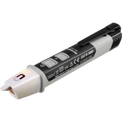 Testeur de tension avec indicateur LED, boîtier noir, marquages avec spécifications techniques, utilisé pour détecter des tensions jusqu'à 1000V.