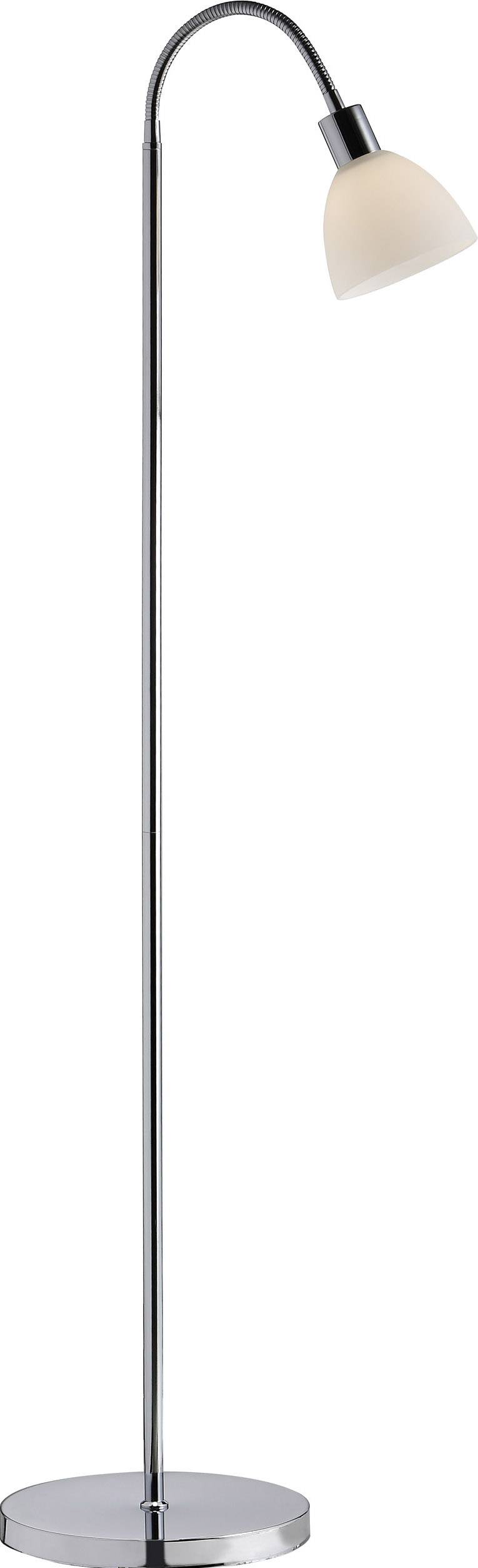 Lampadaire au châssis métallique fin et incurvé, doté d'un abat-jour blanc en forme d'entonnoir. Idéal pour un éclairage direct.