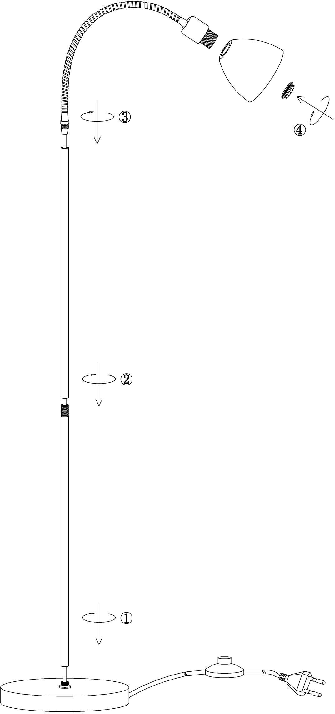 Instructions de montage pour lampadaire : Assembler le socle (1), la tige (2), et l'abat-jour (3) dans l'ordre, puis brancher la fiche dans la prise électrique.