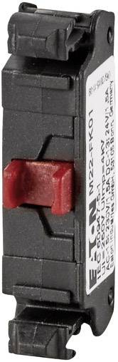 Gros plan d'un interrupteur noir avec un bouton rouge, sur le côté une étiquette portant les spécifications techniques d'Eaton.