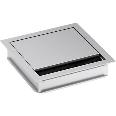 Prise de sol carrée en argent avec insert à brosse. Adaptée pour dissimuler et organiser les câbles dans les environnements de bureau.