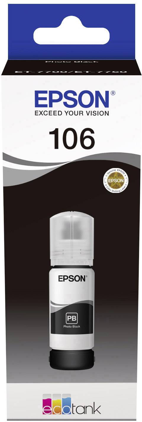 Bouteille d'encre Epson 106, pour imprimantes EcoTank. Couleur : Noir. Capacité : 70 ml. L'emballage présente une image du produit et le nom de la marque.