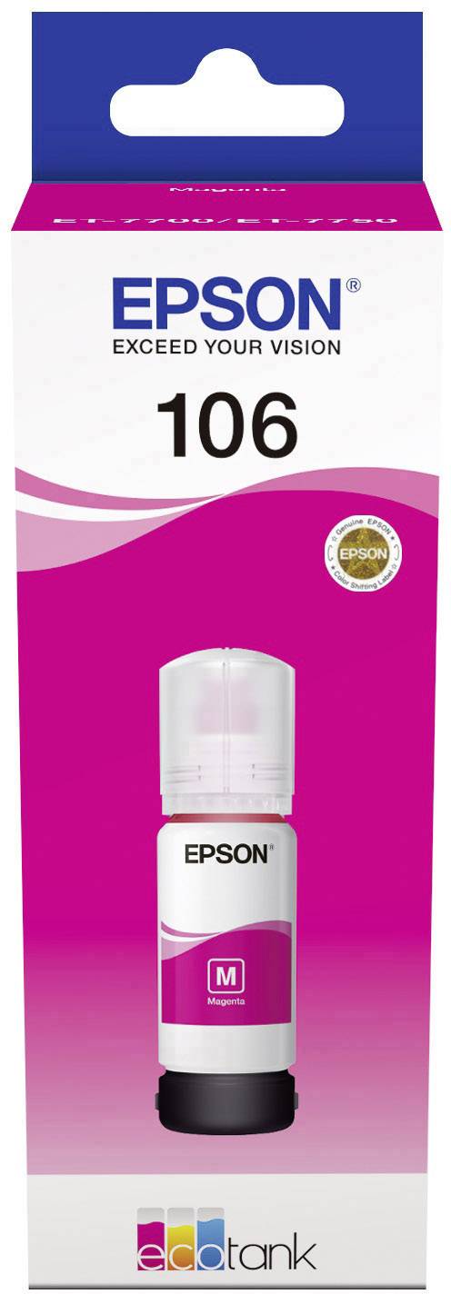 Bouteille d'encre Epson, modèle 106 en Magenta, compatible avec les imprimantes EcoTank, logo de marque en haut, emballage coloré.