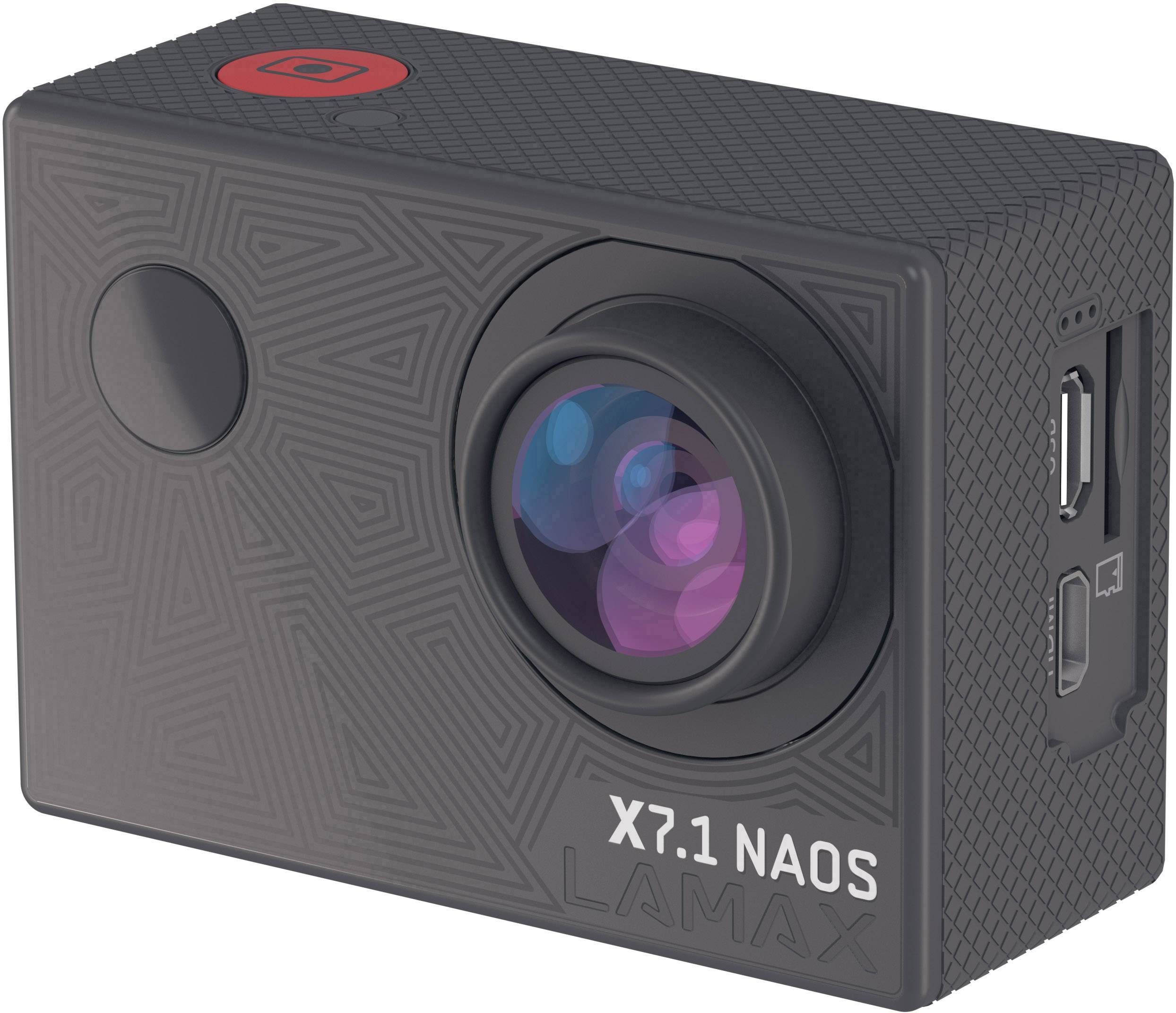 Une caméra d'action noire avec un objectif et plusieurs ports sur le côté. Les marquages 'X7.1 NAOS' et 'LAMAX' sont visibles.
