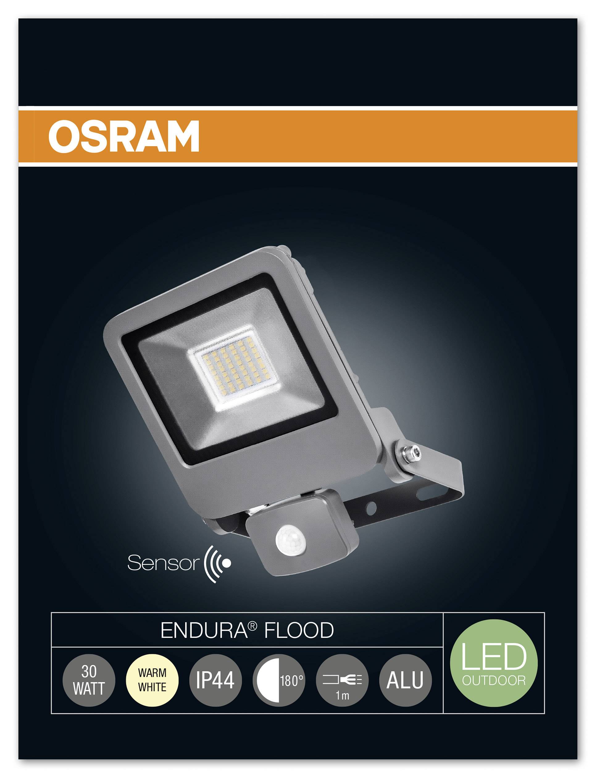 Projecteur LED Osram, 30 watts, lumière chaude, avec capteur, IP44, angle de diffusion de 180°, boîtier en aluminium, pour utilisation extérieure.