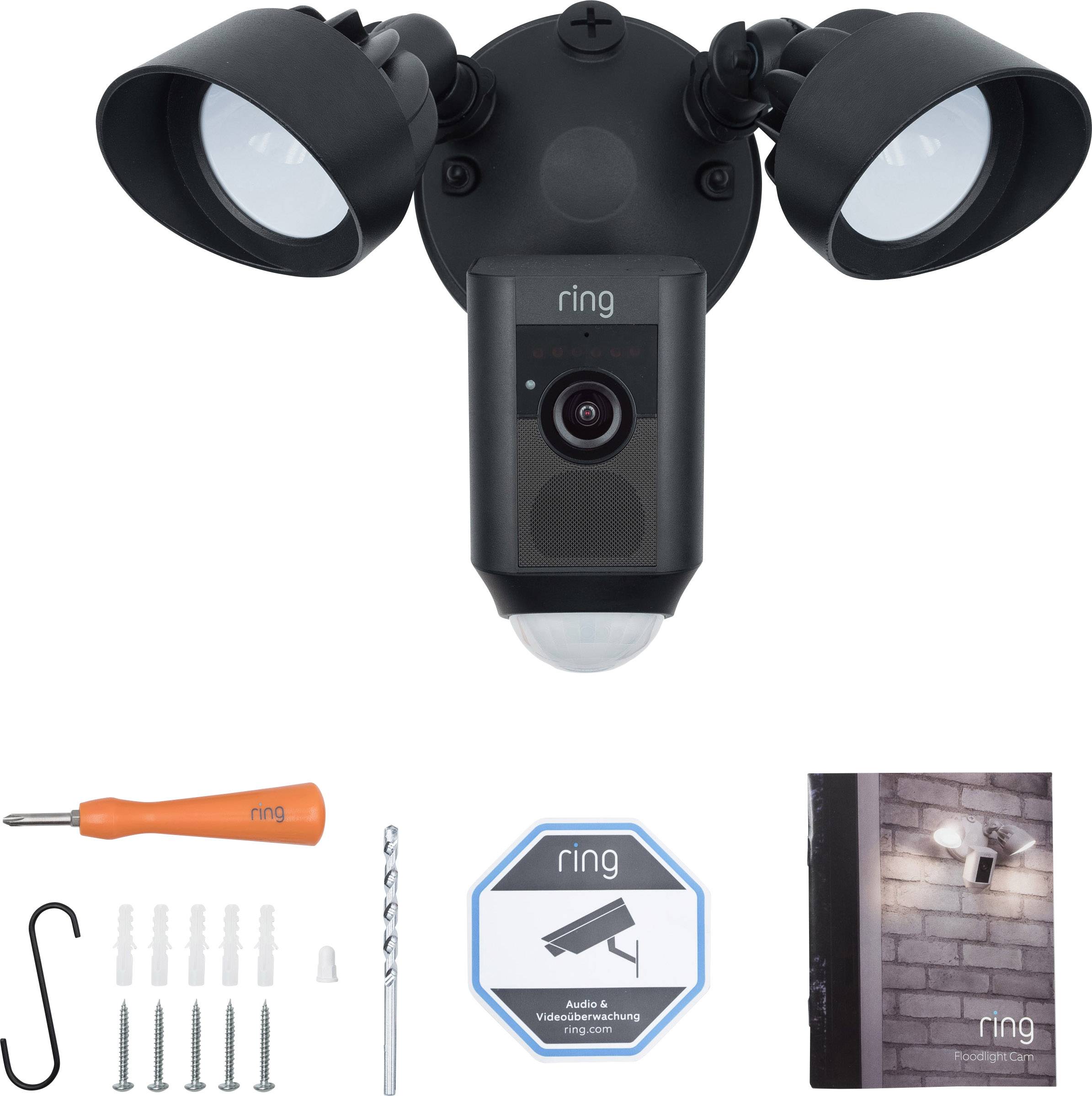 Caméra avec deux projecteurs, comprenant les accessoires de montage et le manuel d'installation, pour la surveillance et la sécurité extérieures.