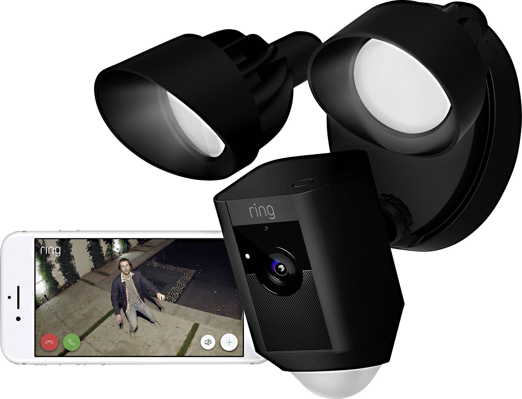 Caméra de sécurité noire avec deux projecteurs ; montre un smartphone avec transmission vidéo d'une personne devant la porte d'entrée.