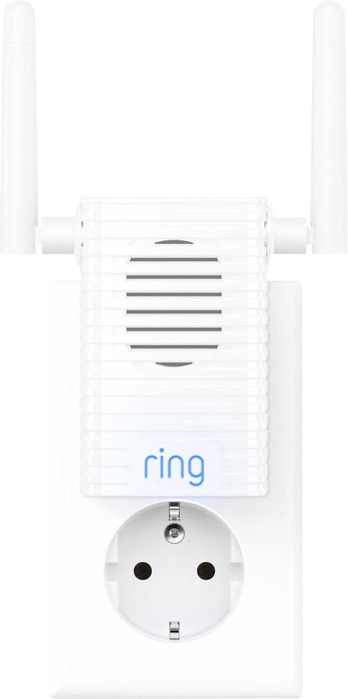Un répéteur Wi-Fi blanc de 'Ring' est branché dans une prise électrique. Deux antennes sont situées en haut de l'appareil.