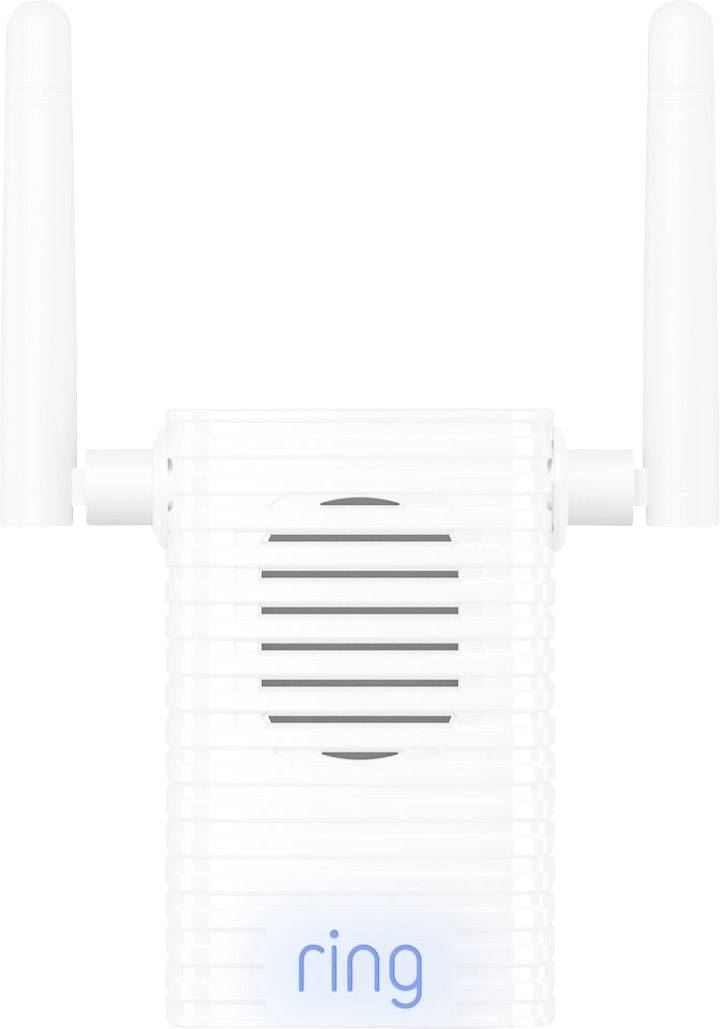 Un répéteur Wi-Fi blanc avec deux antennes et l'inscription 'ring' sur l'avant.