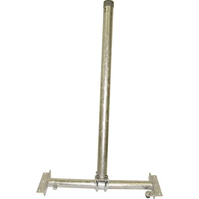 Un mât métallique vertical fixé sur une base horizontale avec deux supports, probablement destiné à la fixation d'une antenne.