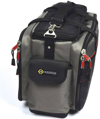 Sac à outils gris et noir avec plusieurs compartiments, fermetures à glissière et une poignée de transport.
