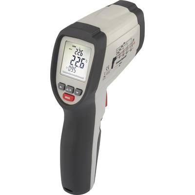 Thermomètre infrarouge avec écran, affichant les valeurs de température. L'appareil dispose de touches de commande et est adapté aux mesures sans contact.
