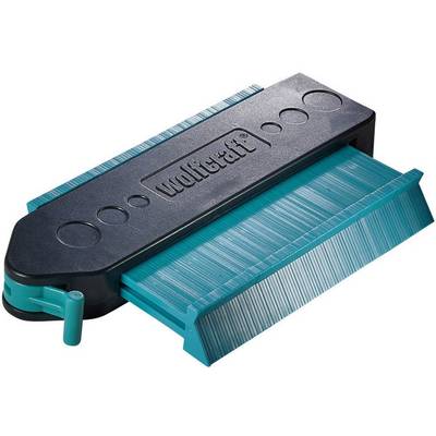 Jauge de contour en plastique avec zone de mesure bleue et poignée noire. Utilisée pour le relevé précis et le report de formes irrégulières.