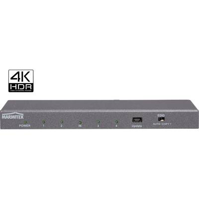 Un commutateur HDMI numérique de Marmitek avec prise en charge 4K HDR. Il dispose de quatre entrées, d'un port USB pour les mises à jour et les paramètres EDID.