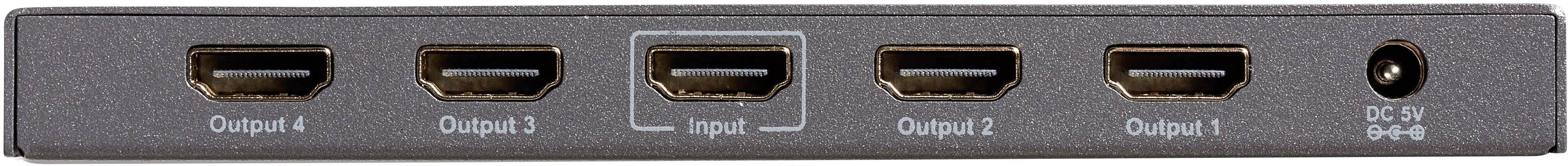 Commutateur HDMI à cinq entrées, étiqueté comme 'Entrée', 'Sortie 1', 'Sortie 2', 'Sortie 3', 'Sortie 4', et doté d'une connexion CC 5V.