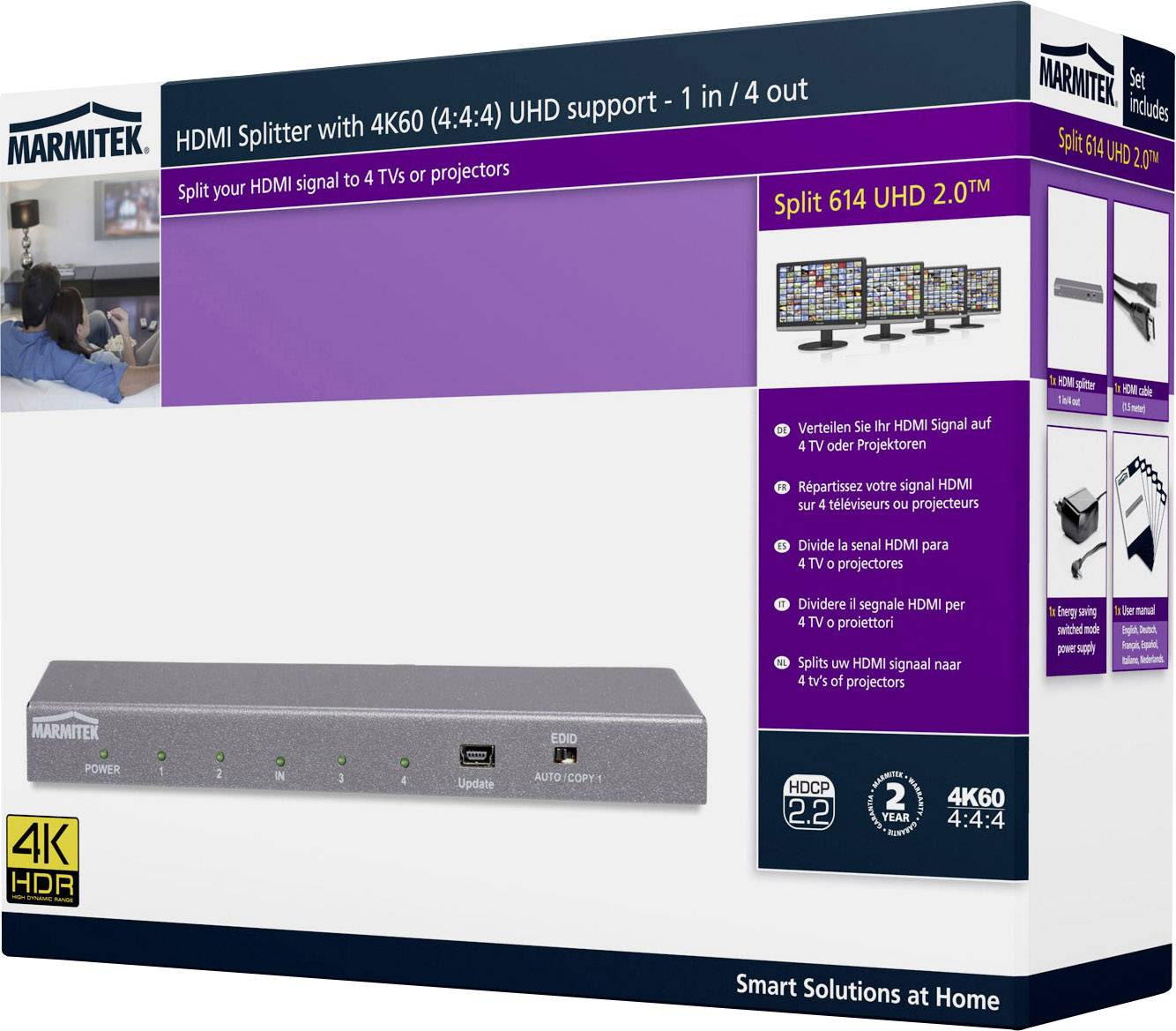 Emballage d'un répartiteur HDMI Marmitek prenant en charge 4K60 (4:4:4) UHD. Peut distribuer un signal HDMI vers quatre appareils.