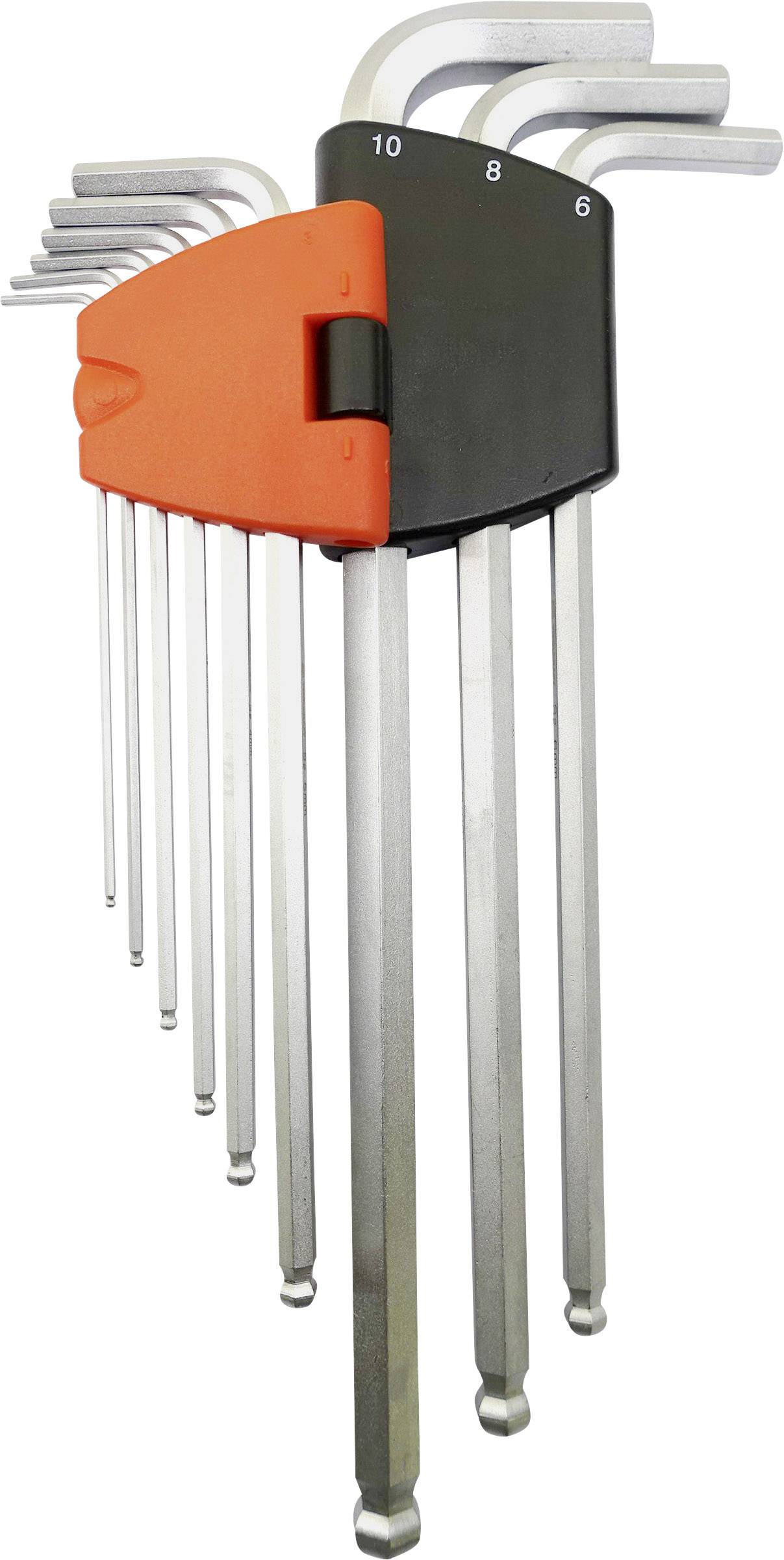 Un ensemble de clés Allen en forme de L de différentes tailles, organisées dans un support noir et orange.