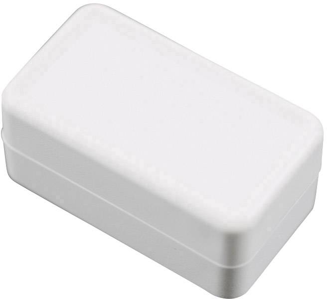 Boîte en plastique blanche, rectangulaire avec des coins arrondis, fermée, isolée sur un fond blanc.