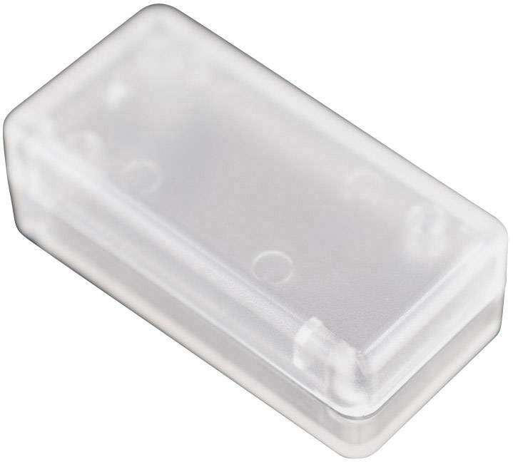 Boîte en plastique transparente, rectangulaire aux coins arrondis, probablement destinée au rangement de petits objets.