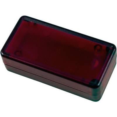 Un boîtier rectangulaire en plastique rouge foncé aux coins arrondis. Il pourrait être utilisé pour des composants électroniques ou un petit appareil.