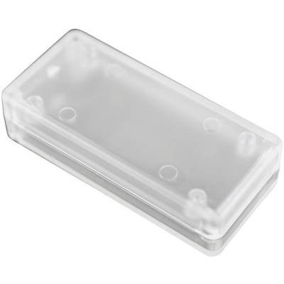 Boîtier rectangulaire en plastique transparent aux coins arrondis, capable de contenir de minuscules composants électroniques.