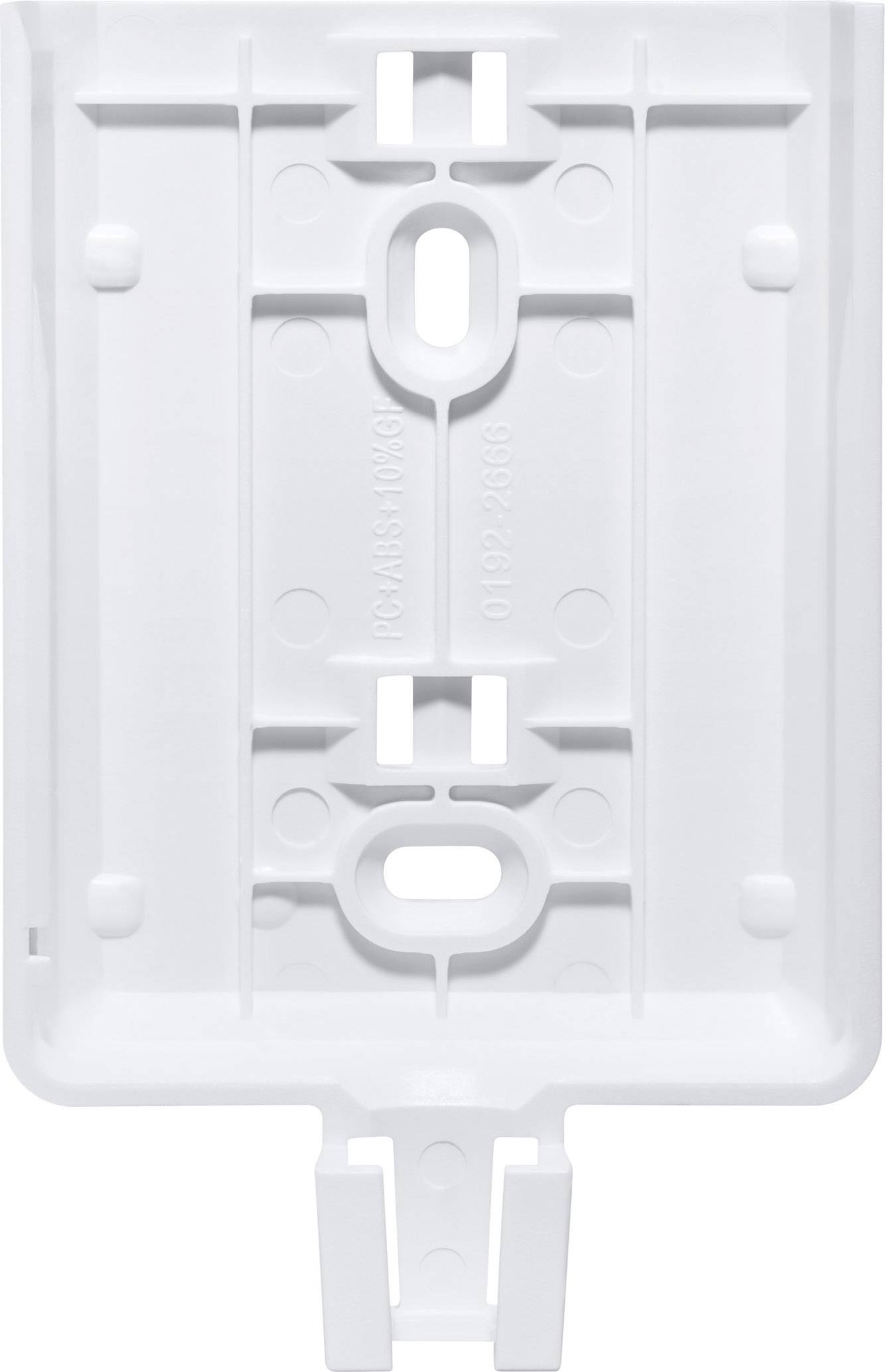 Support en plastique blanc avec plusieurs ouvertures ovales et rectangulaires, utilisé pour la fixation ou le montage.