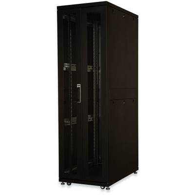 Armoire de serveur noir avec grilles de ventilation apparentes et portes, montée sur roulettes. Utilisée pour l'organisation de l'équipement réseau.