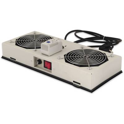 Un appareil rectangulaire doté de deux ventilateurs, d'un interrupteur et d'une prise électrique. Conçu pour la circulation ou le refroidissement de l'air.
