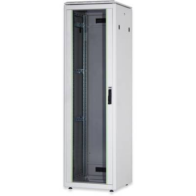 Armoire métallique sur pied avec porte vitrée, conçue pour accueillir des composants réseau. Les portes sont équipées d'une poignée et ont un encadrement vert.