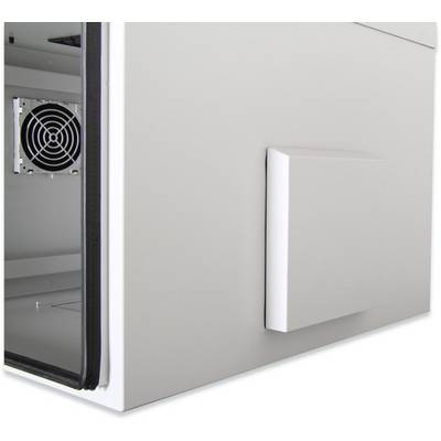 Un armoire métallique grise ouverte montre une unité de refroidissement avec un ventilateur à l'intérieur.