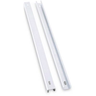 Deux rails métalliques blancs sont disposés parallèlement l'un à côté de l'autre. Ils possèdent des trous ovales à chaque extrémité.