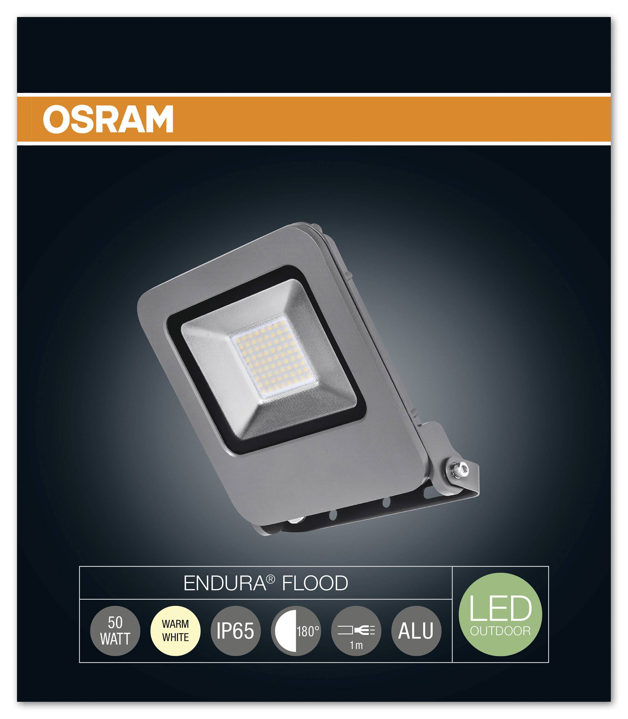 Projecteur extérieur Osram. Modèle : Endura Flood. 50 watts, lumière chaude, IP65, rotation 180°, aluminium, LED pour extérieur.