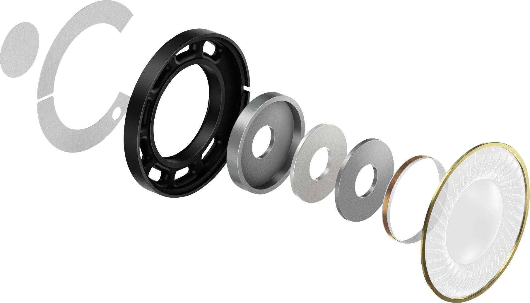 Vue éclatée d'un haut-parleur de casque audio avec plusieurs composants : boîtier, membrane, aimants et bobine, de gauche à droite.
