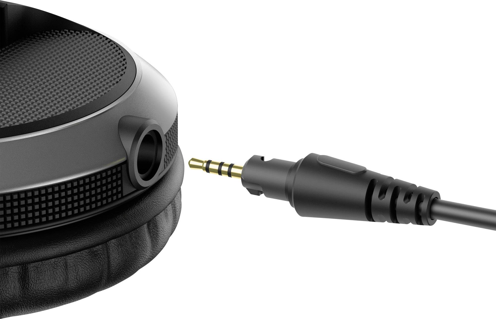 Gros plan d'un casque audio avec un câble amovible branché sur la prise jack 3,5 mm.