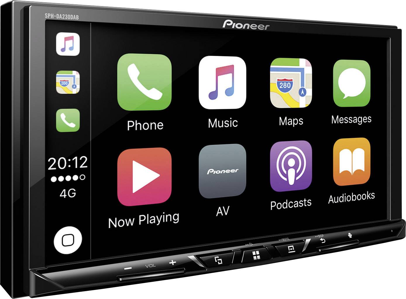 Un système d'infodivertissement automobile affiche différentes icônes d'applications, dont 'Téléphone', 'Musique', 'Cartes' et 'Messages', sur un écran tactile.