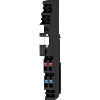 Composant électronique noir avec plusieurs connexions et marquages colorés de câbles, positionné verticalement.
