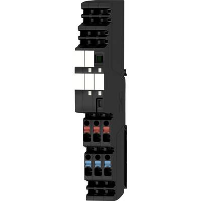 Un module électronique noir vertical pourvu de plusieurs connexions et interrupteurs, identifié par des couleurs distinctives.